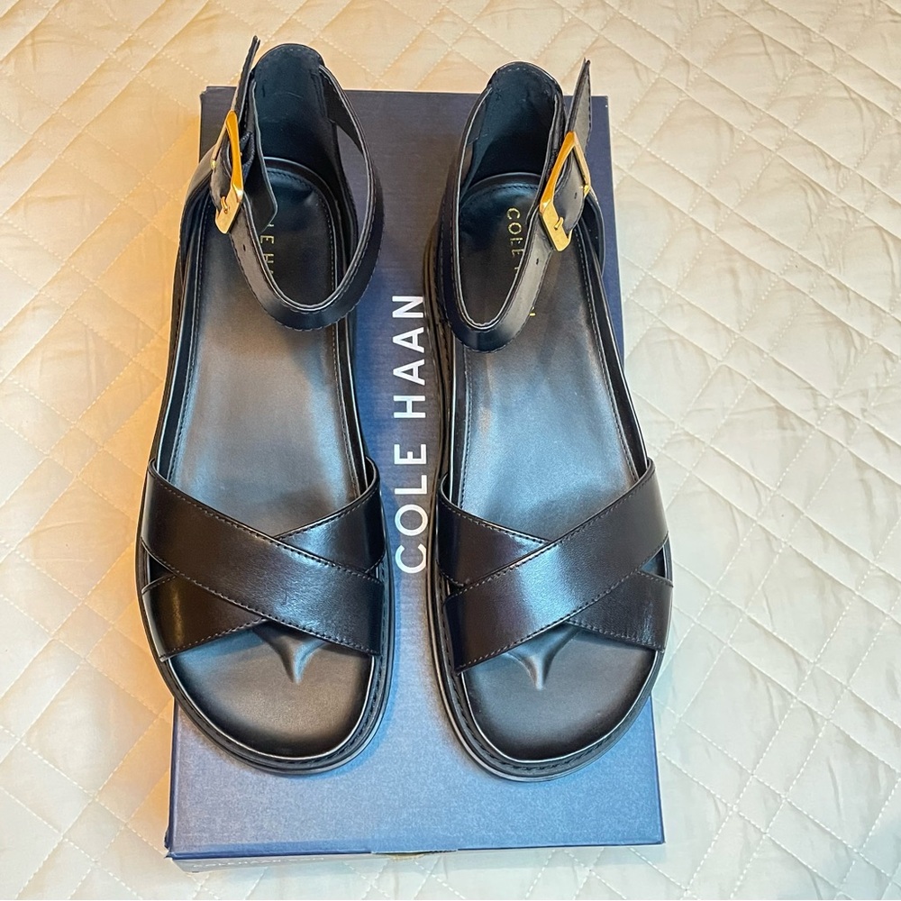Cole Haan Black Leather Crisscross Ankle Strap Sandals with Gold Buckle - Picture 2 of 11